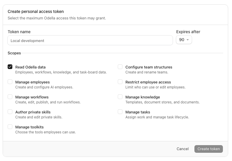 Personal access token form showing token name, expiry, and available scopes