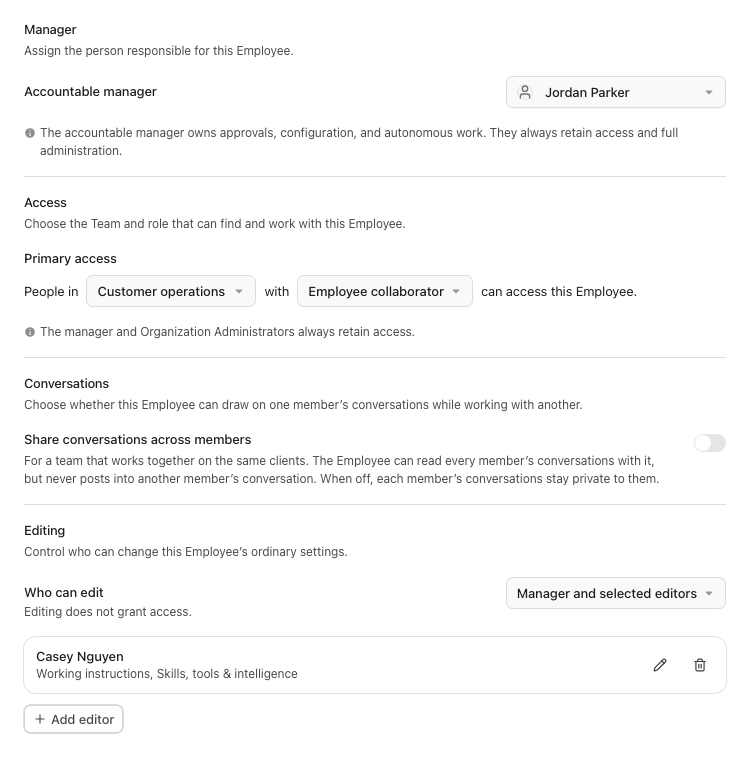 Worker Governance settings for accountable manager, primary access, conversation sharing, and selected editors