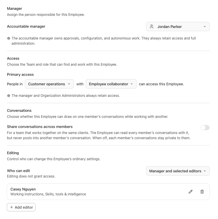 Worker Governance settings for accountable manager, primary access, conversation sharing, and selected editors