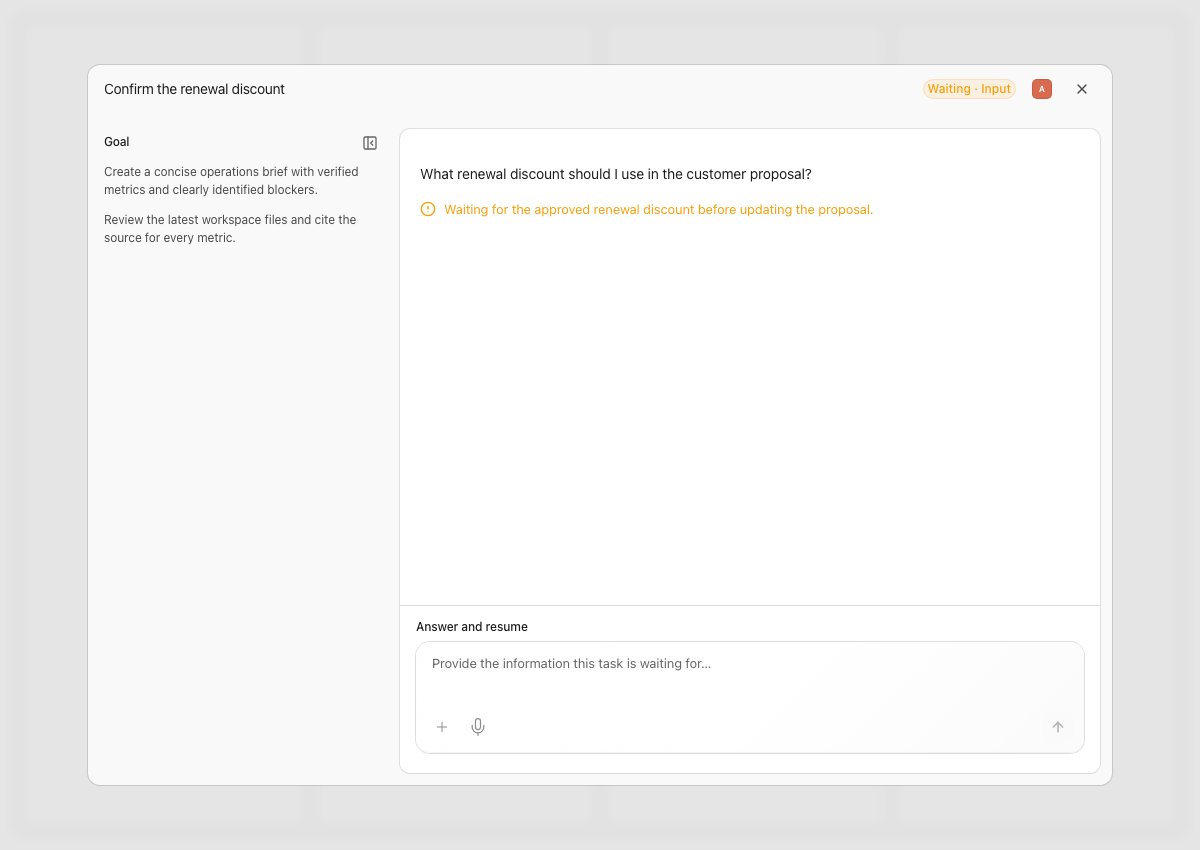 Task details asking for an approved renewal discount, with an Answer and resume field