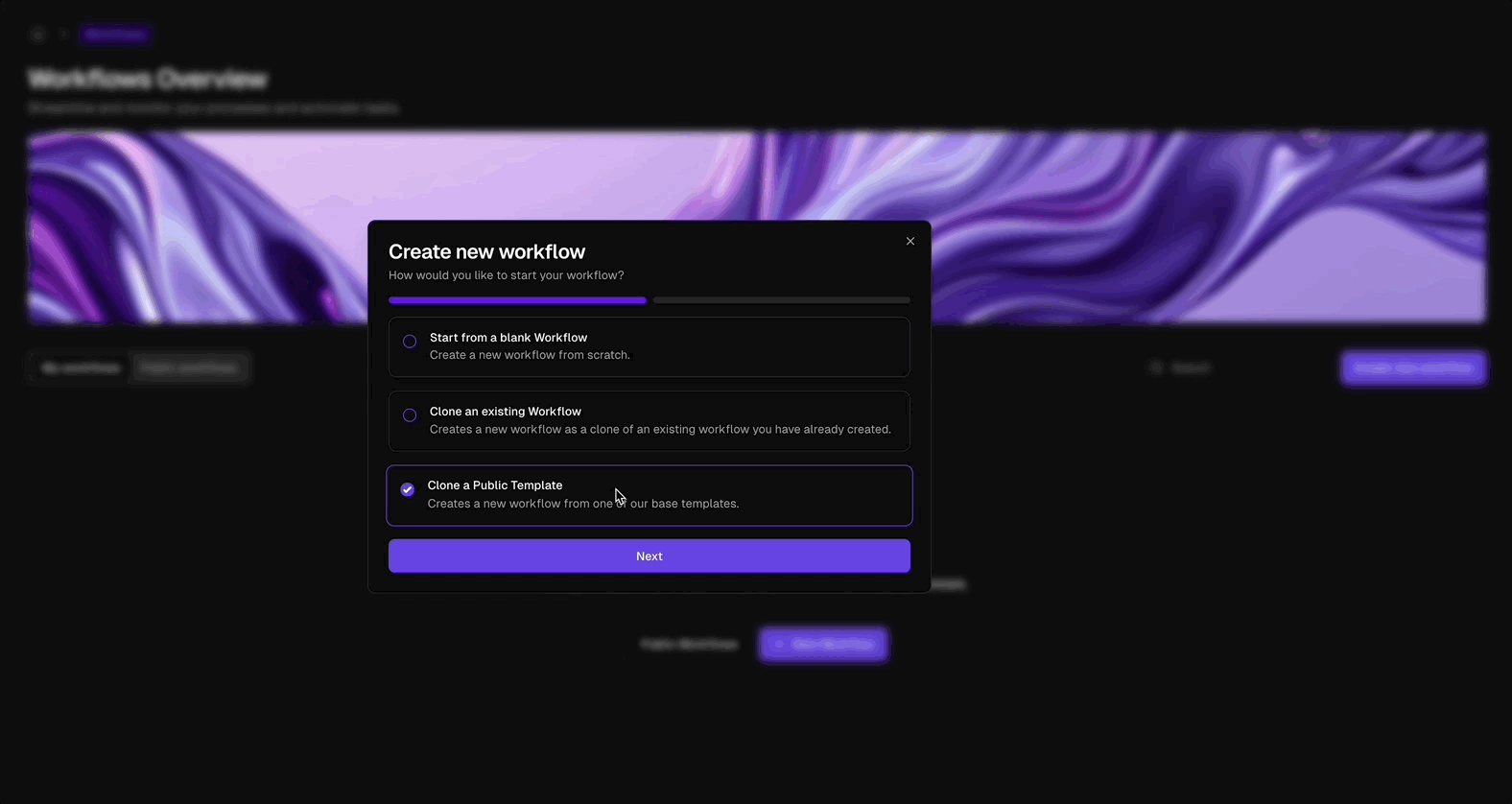 Workflow Creation Process (Dark Mode)