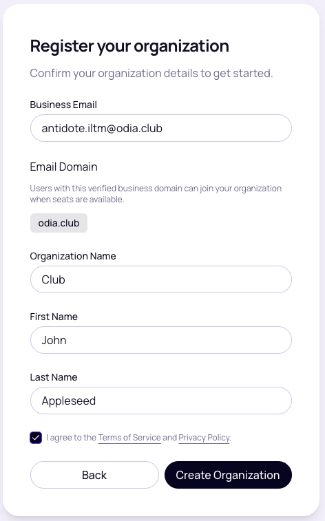 Register your organization with business email, organization name, personal details and consent