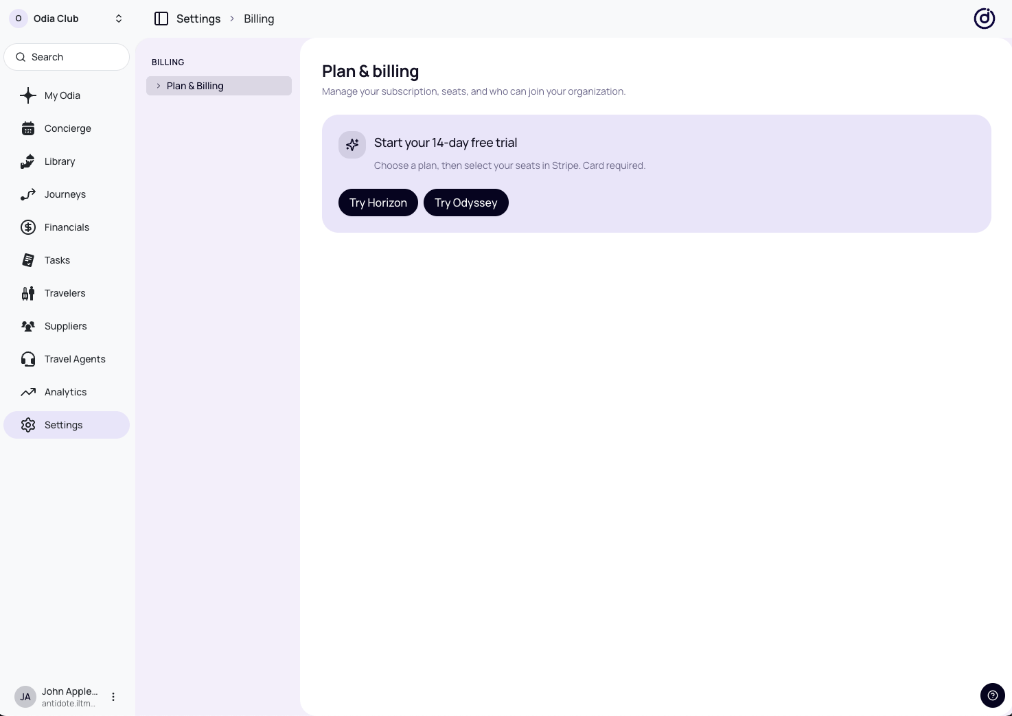 Plan and billing screen with Try Horizon and Try Odyssey buttons
