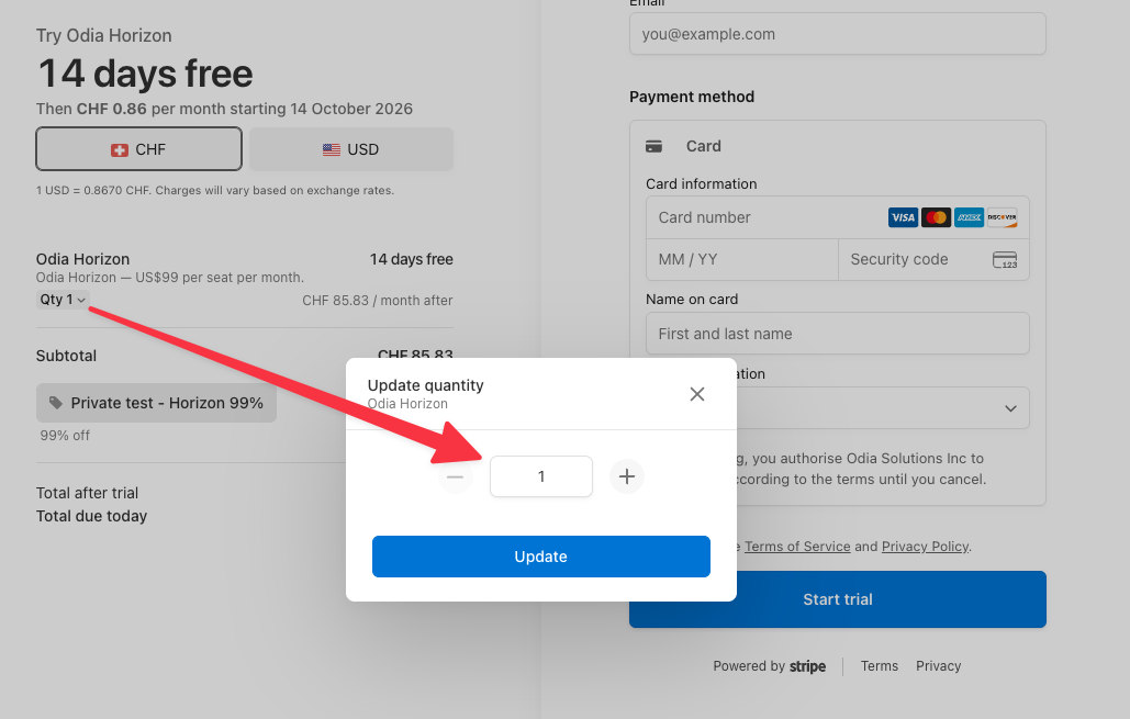 Stripe quantity selector for choosing the number of subscription seats