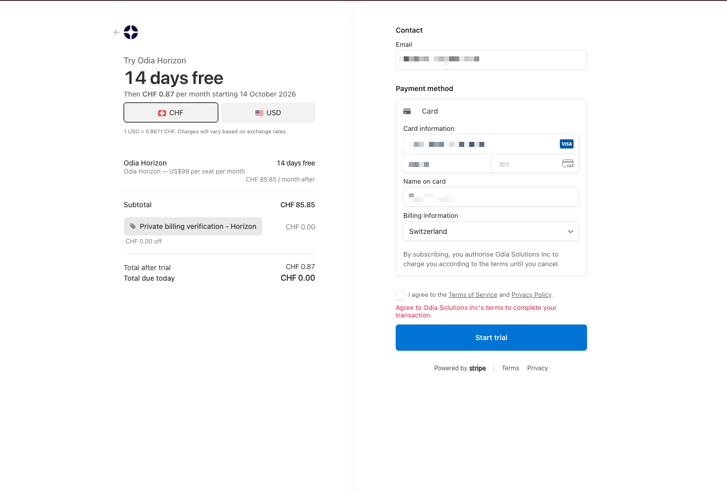Stripe checkout showing the trial summary, payment details, required terms checkbox and Start trial button