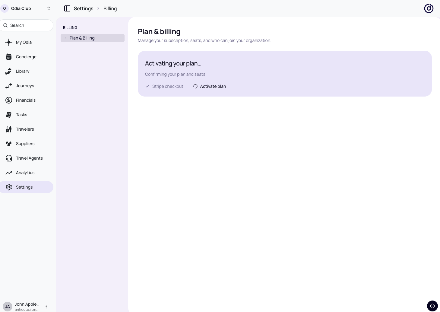 Odia confirming Stripe checkout and activating the subscription