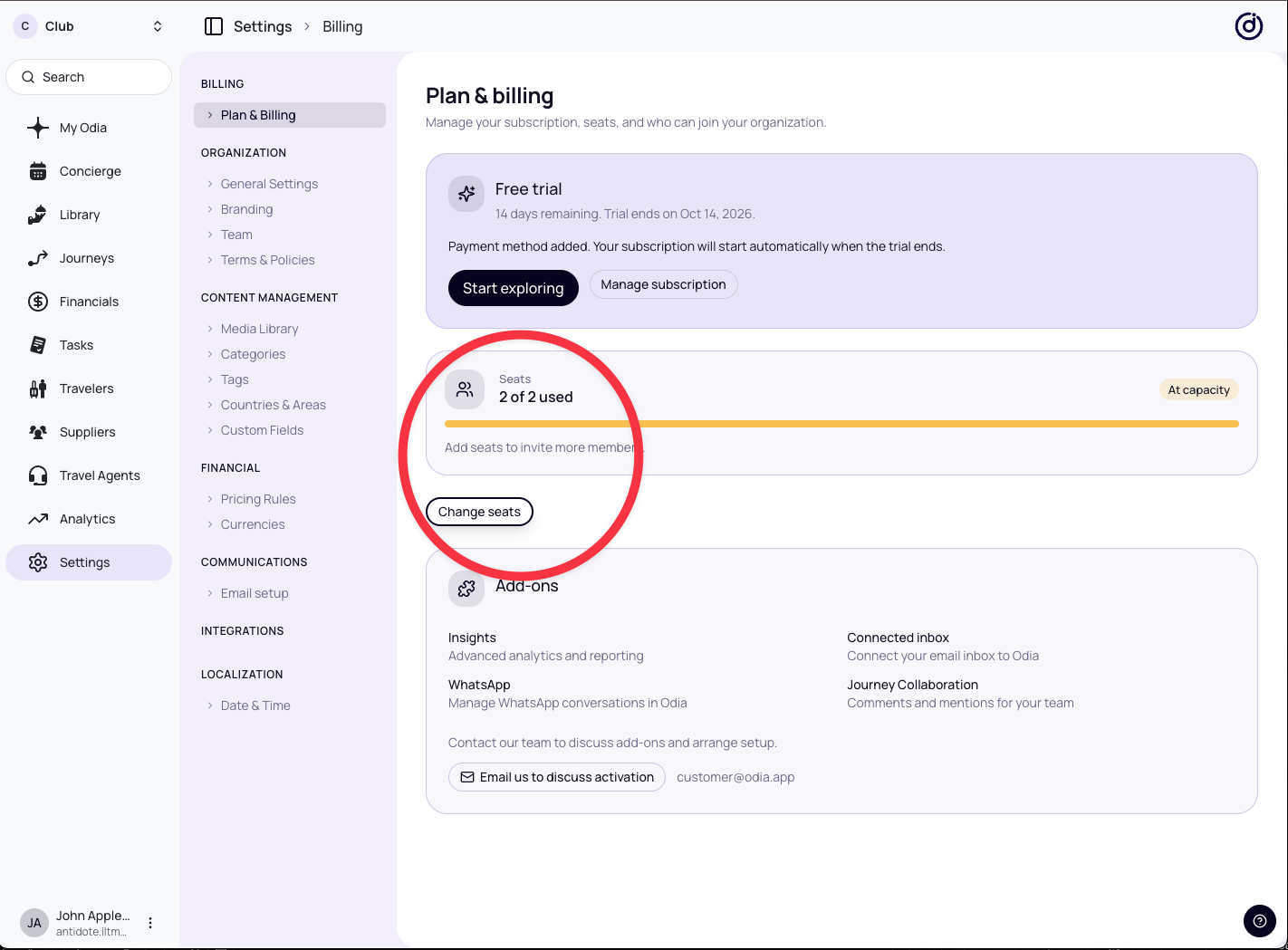 Active free trial with trial end date, Start exploring, Manage subscription and seat usage