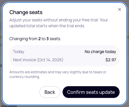 Seat update confirmation showing no charge today and the estimated next invoice during the trial