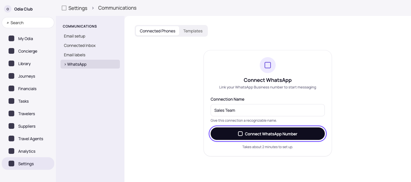 Connect WhatsApp form with a Connection Name field and the Connect WhatsApp Number button