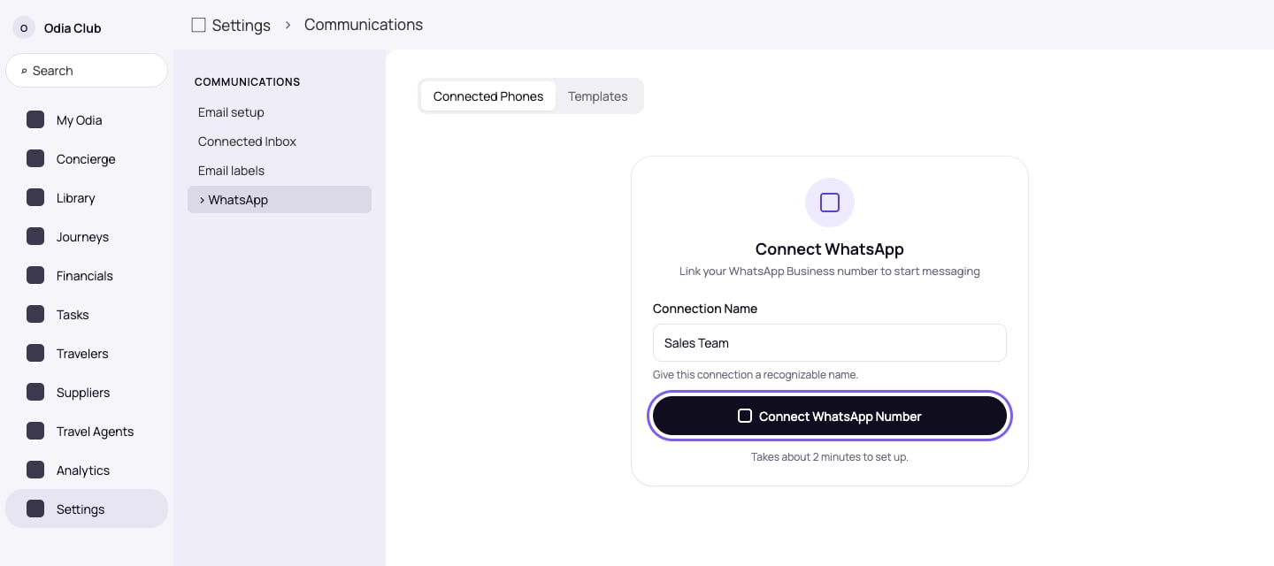 Connect WhatsApp form with a Connection Name field and the Connect WhatsApp Number button