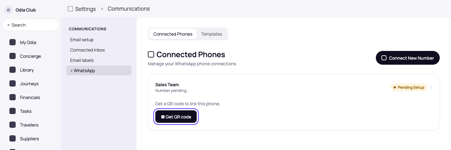 New connection card showing Pending Setup and the Get QR code button