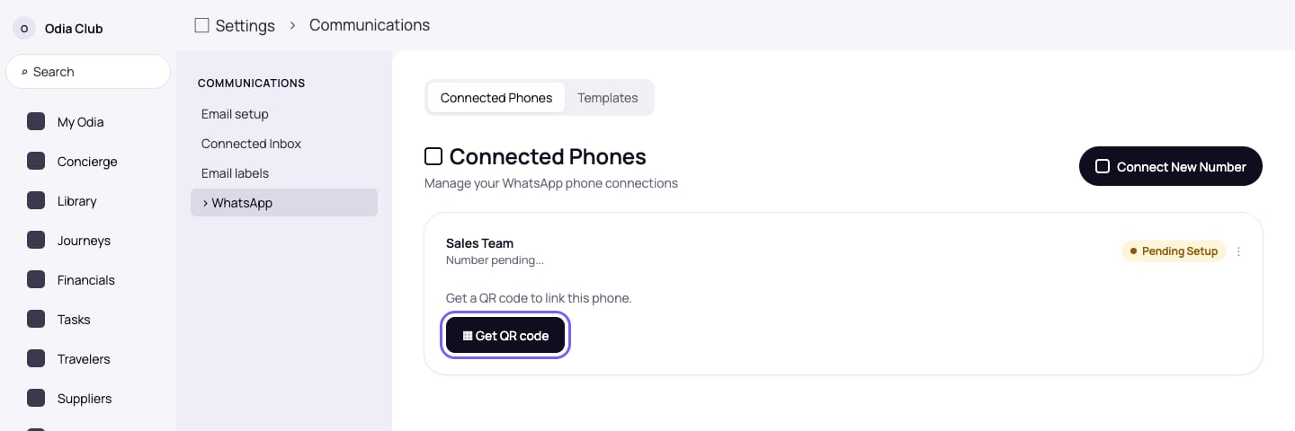 New connection card showing Pending Setup and the Get QR code button