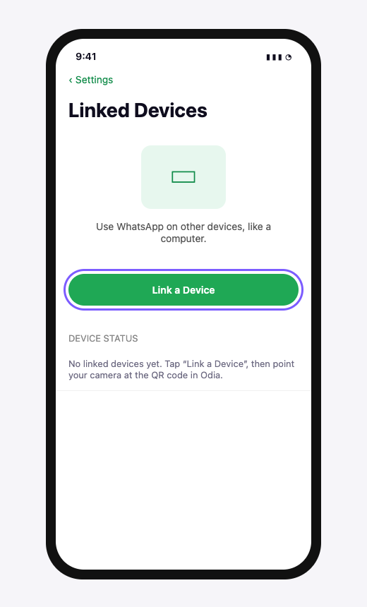 WhatsApp Linked Devices screen on a phone with the Link a Device button