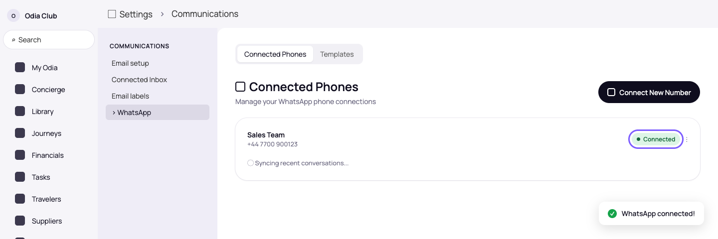 Connected badge on the phone card with the WhatsApp connected confirmation