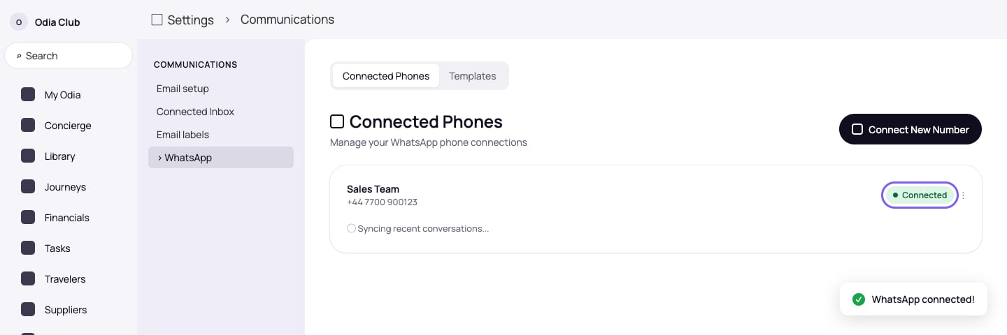 Connected badge on the phone card with the WhatsApp connected confirmation