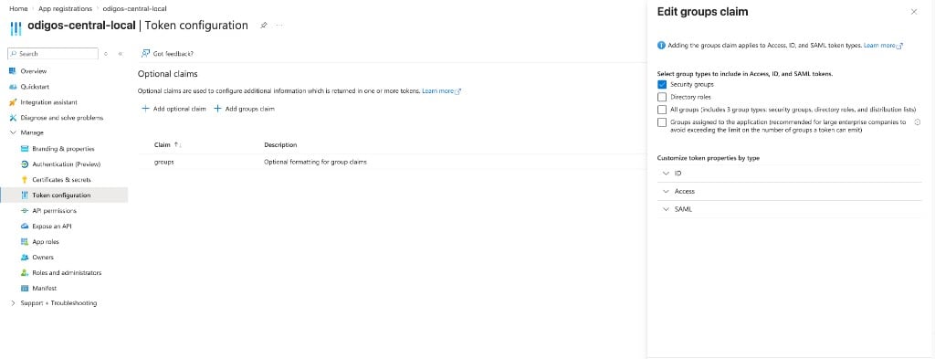 Azure App Registration Token configuration with the Edit groups claim panel, Security groups selected for ID and Access tokens