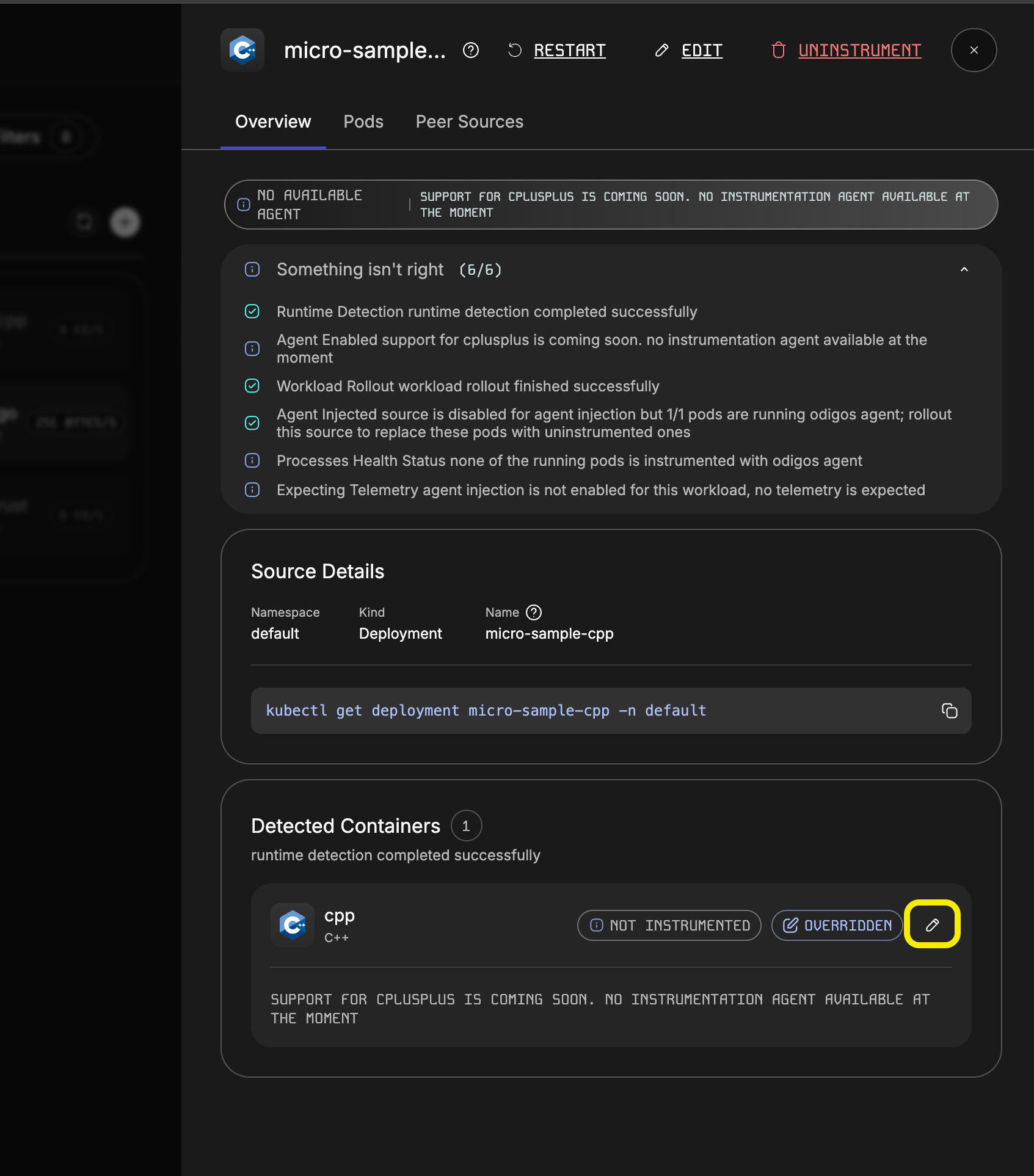 Edit detected container in the source drawer