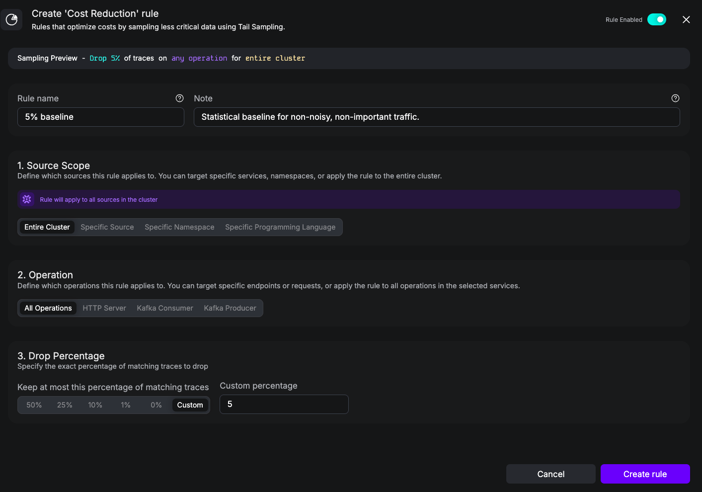 UI screenshot of a Cost Reduction rule that caps cluster-wide retention at 5%.