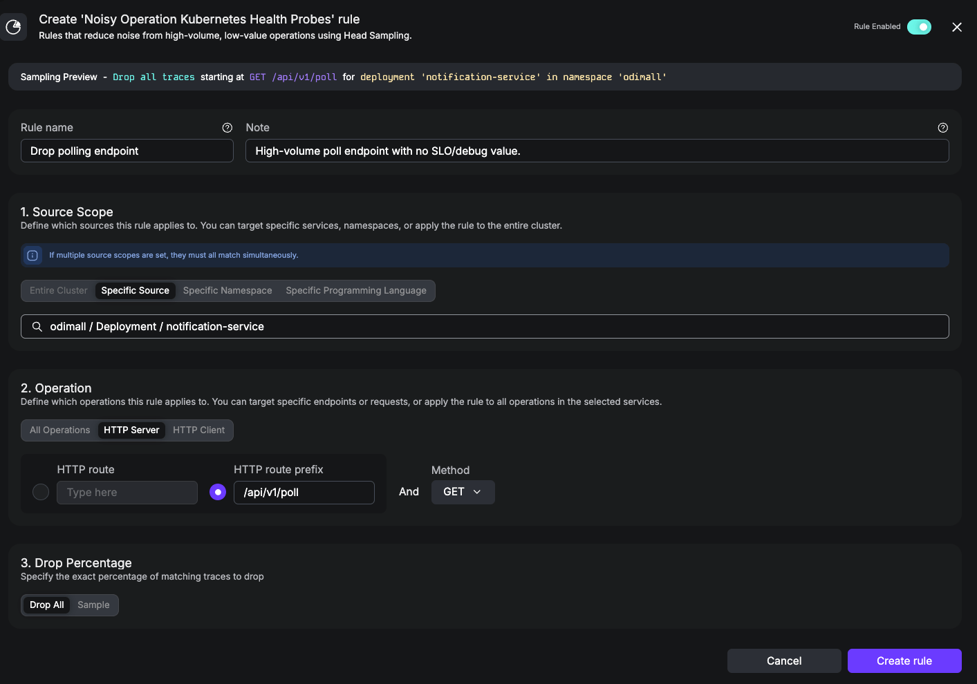 UI screenshot of a Noisy rule that drops GET traces for /api/v1/poll, scoped to the notification-service Deployment in the odimall namespace.