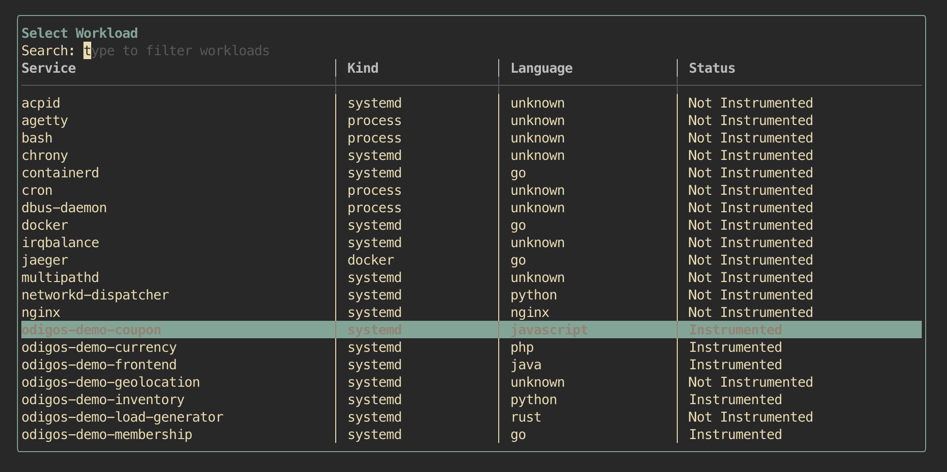 Sources panel in odictl showing the demo services instrumented