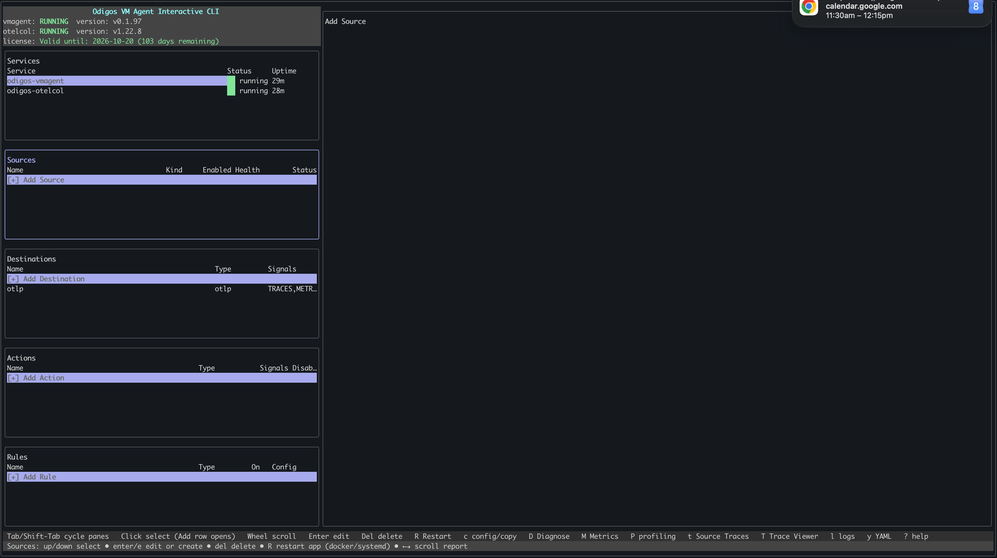 Select Sources pane of the odictl interface