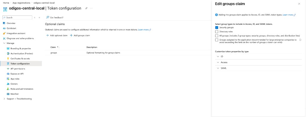 Azure App Registration Token configuration with the Edit groups claim panel, Security groups selected for ID and Access tokens