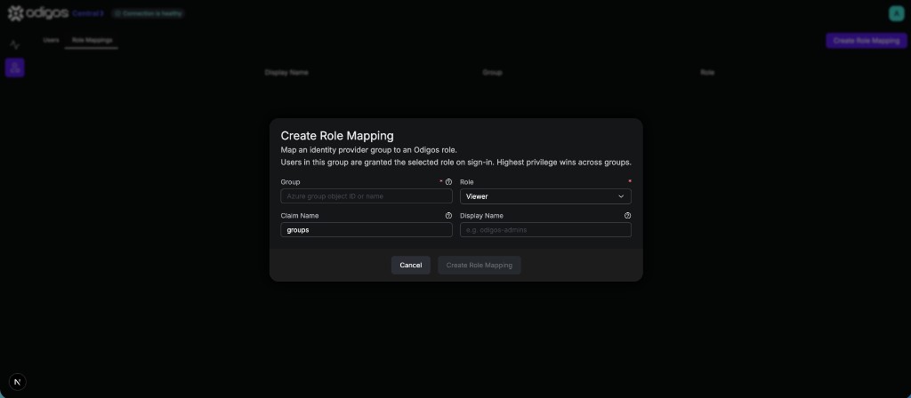 Create Role Mapping dialog in the Central UI with Group, Role, Claim Name, and Display Name fields