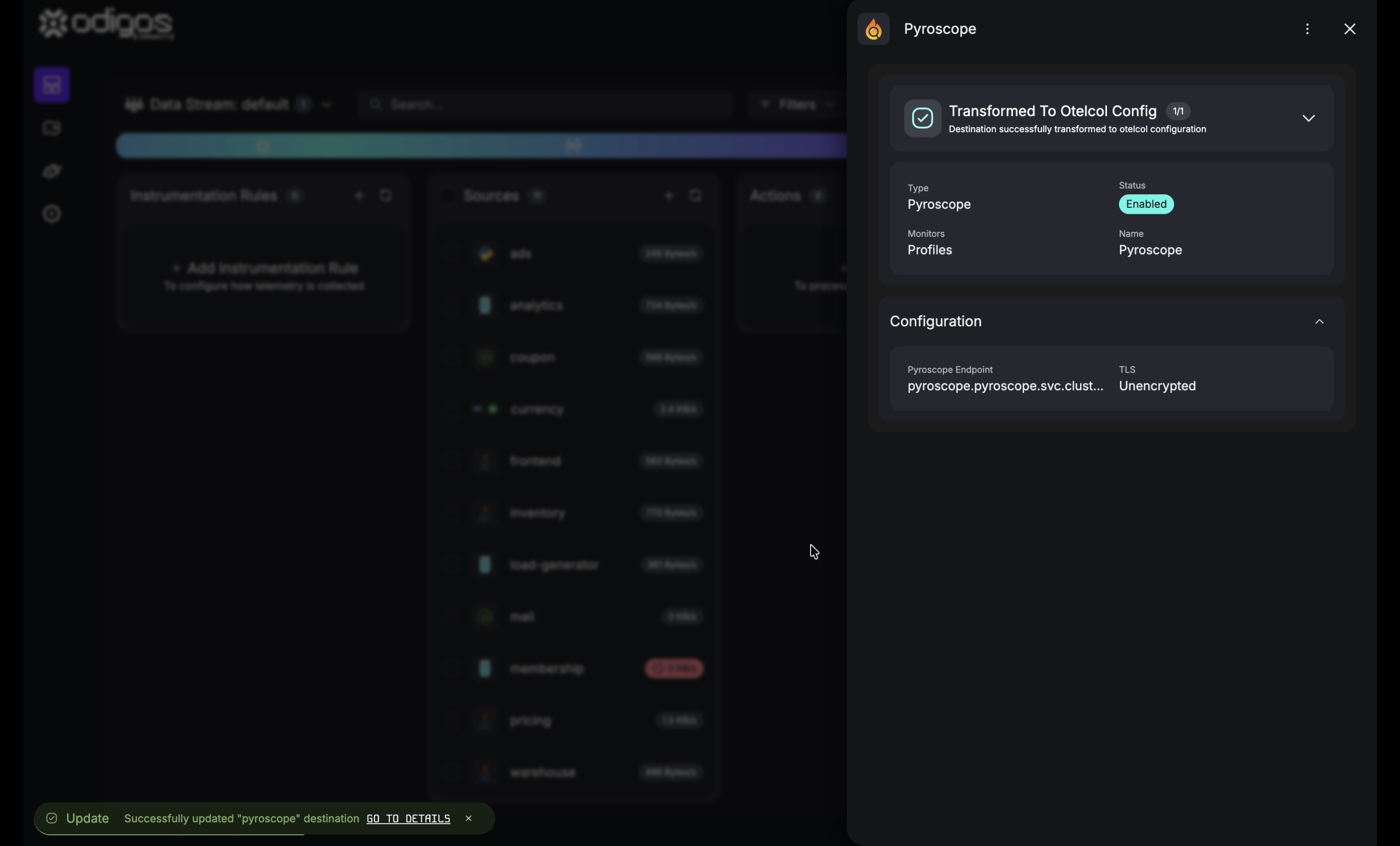 Destination detail showing Pyroscope URL and Profiles signal