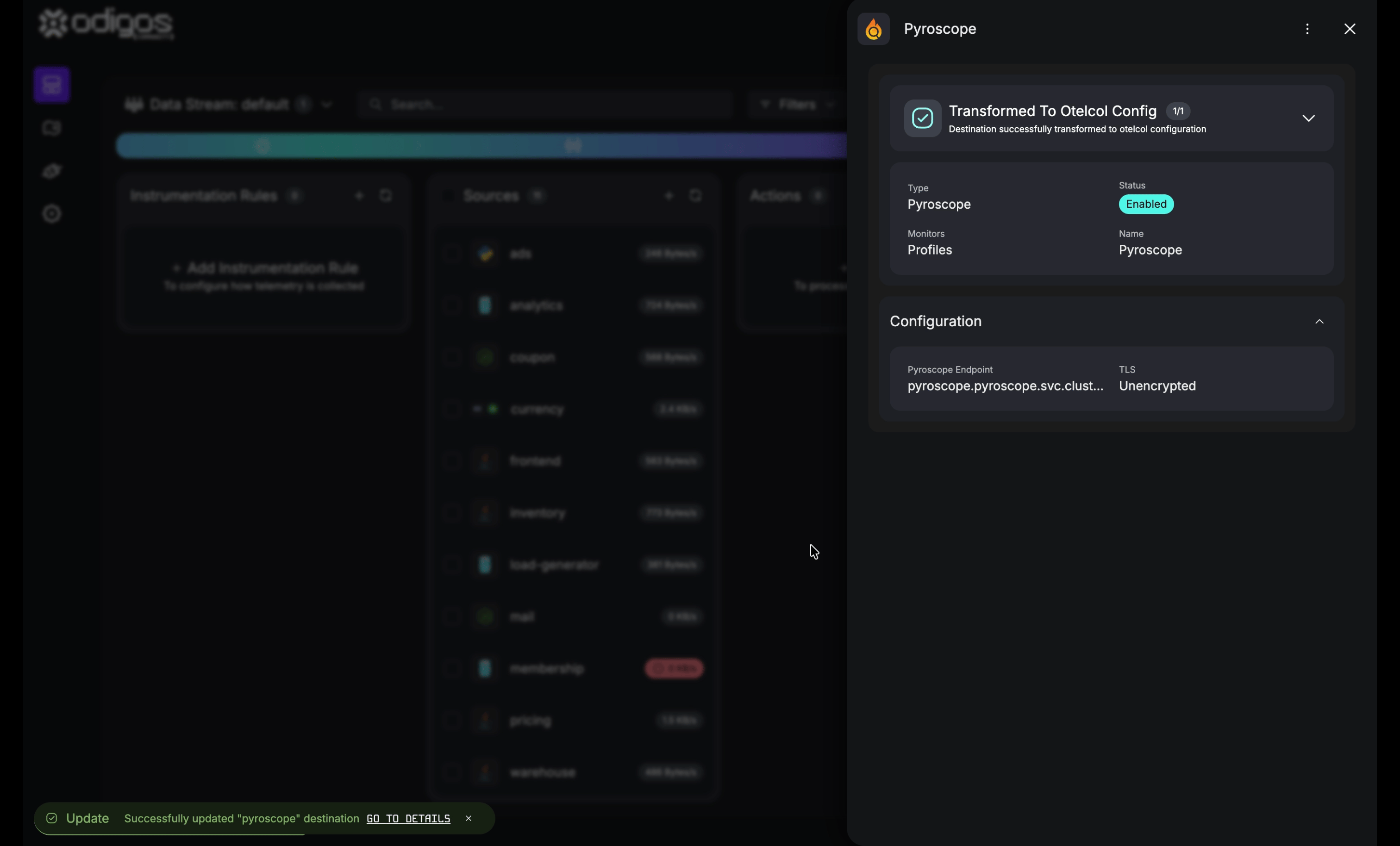 Destination detail showing Pyroscope URL and Profiles signal