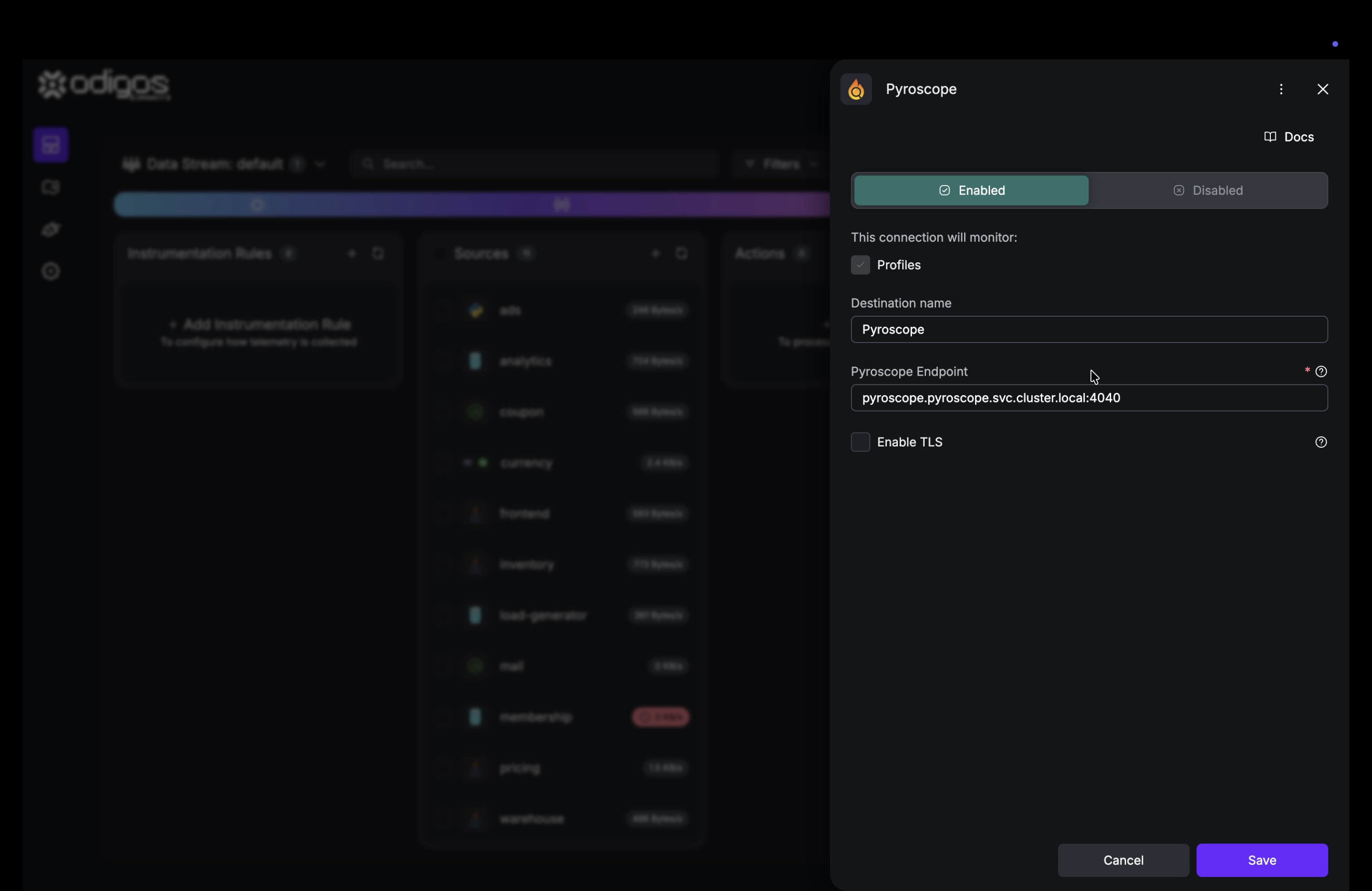 Odigos Destinations list showing a Pyroscope destination with Profiles enabled