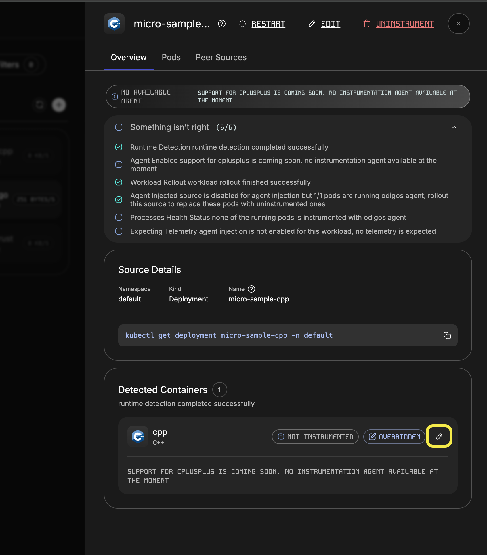 Edit detected container in the source drawer