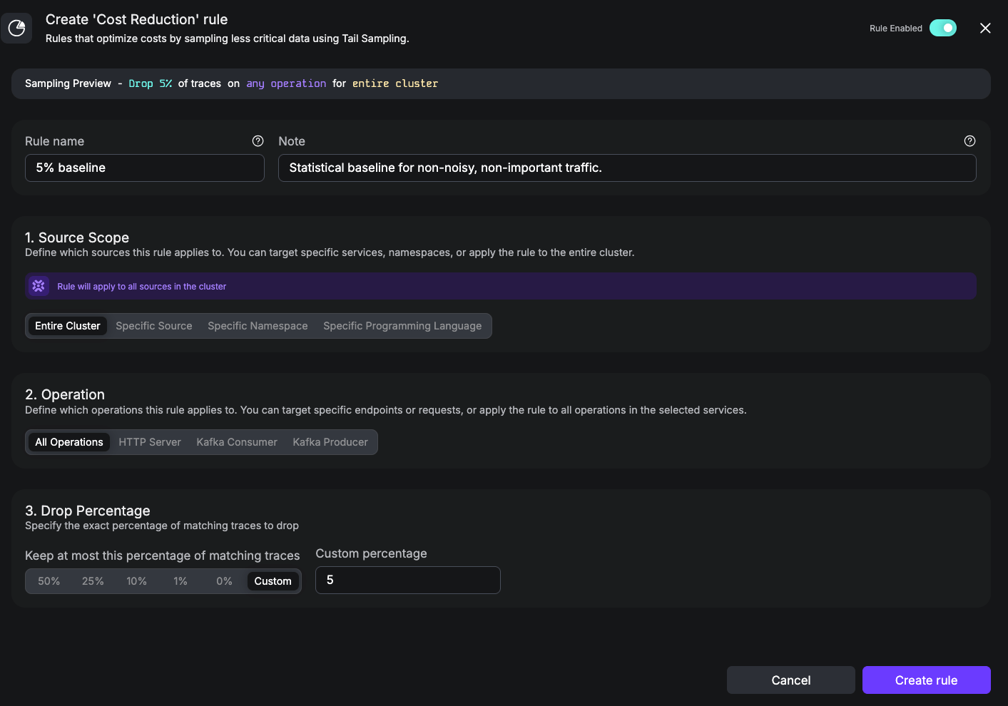 UI screenshot of a Cost Reduction rule that caps cluster-wide retention at 5%.