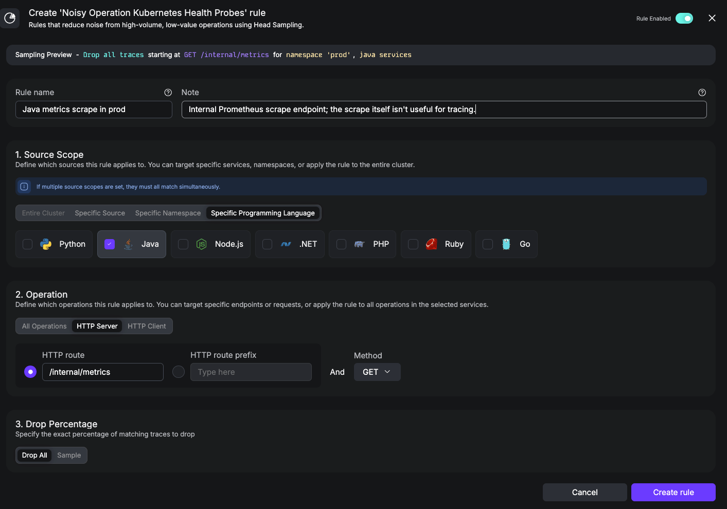 UI screenshot of a Noisy rule scoped with namespace prod AND language Java.