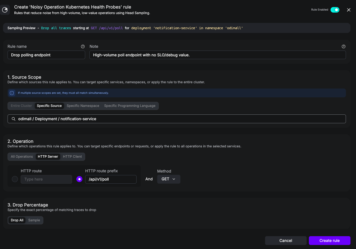 UI screenshot of a Noisy rule that drops GET traces for /api/v1/poll, scoped to the notification-service Deployment in the odimall namespace.