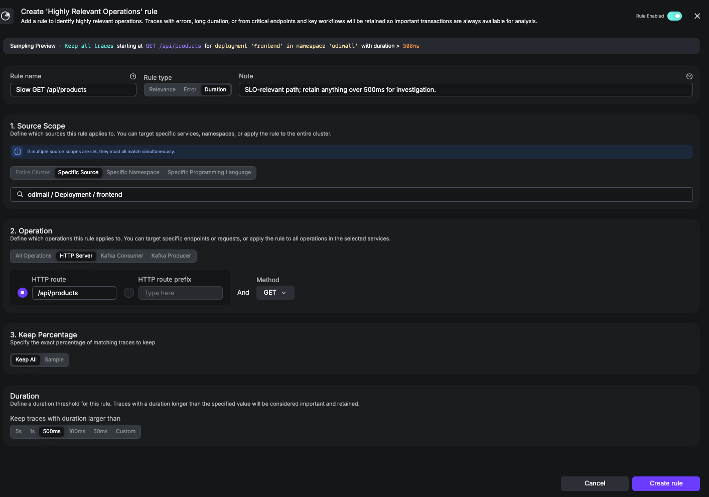 UI screenshot of a Highly Relevant rule that keeps 100% of slow GET /api/products traces, scoped to the frontend Deployment in the odimall namespace.