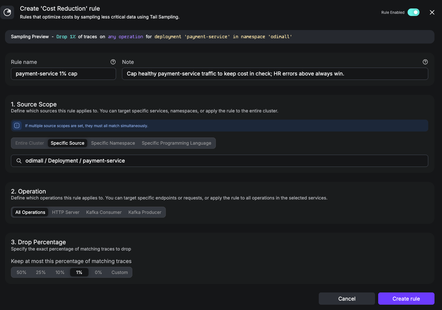 UI screenshot of a Cost Reduction rule on payment-service with Keep at most 1%.