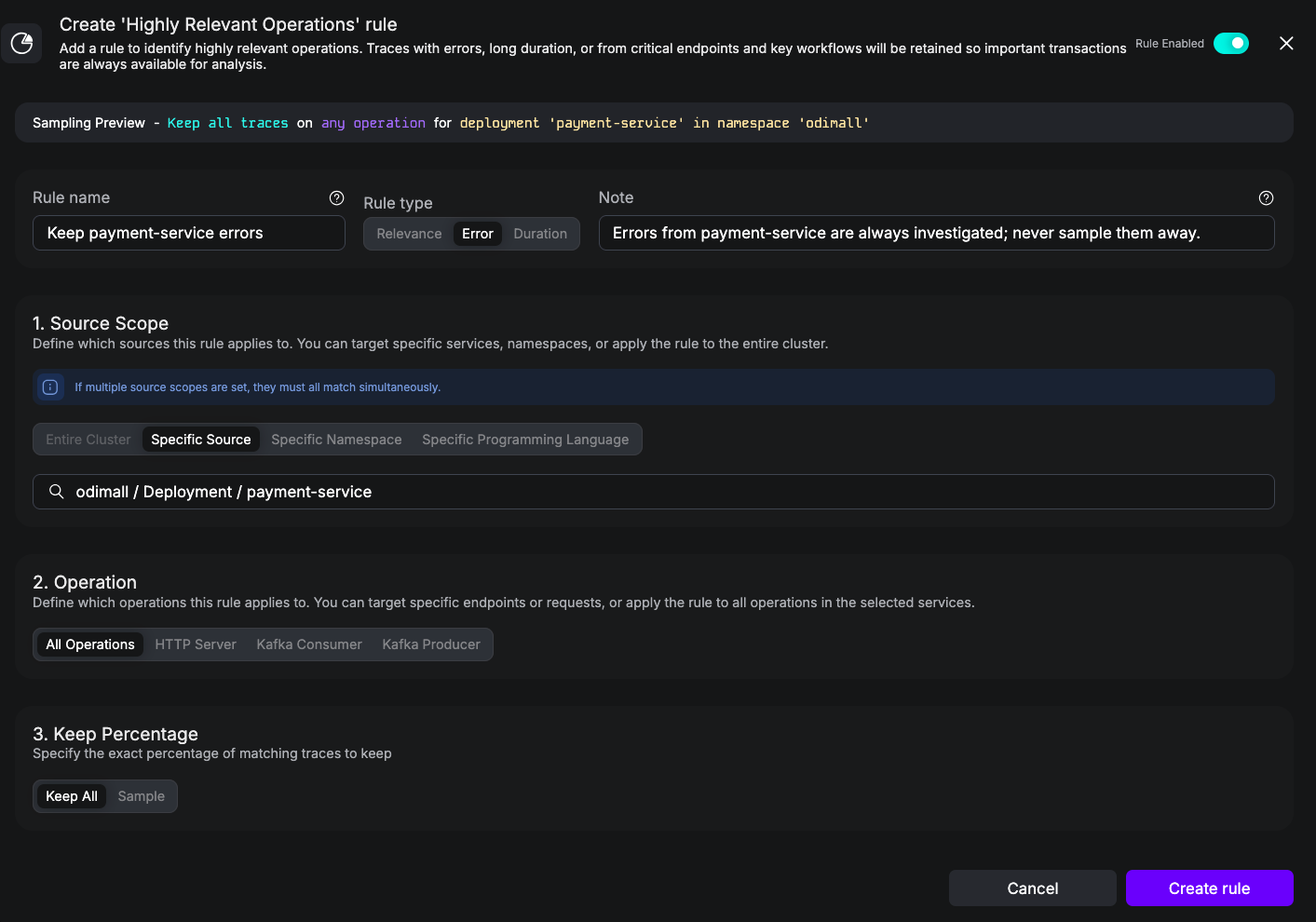 UI screenshot of a Highly Relevant rule with Rule Type Error scoped to payment-service, Keep at least 100%.