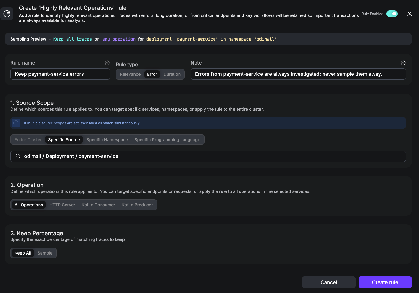 UI screenshot of a Highly Relevant rule with Rule Type Error scoped to payment-service, Keep at least 100%.