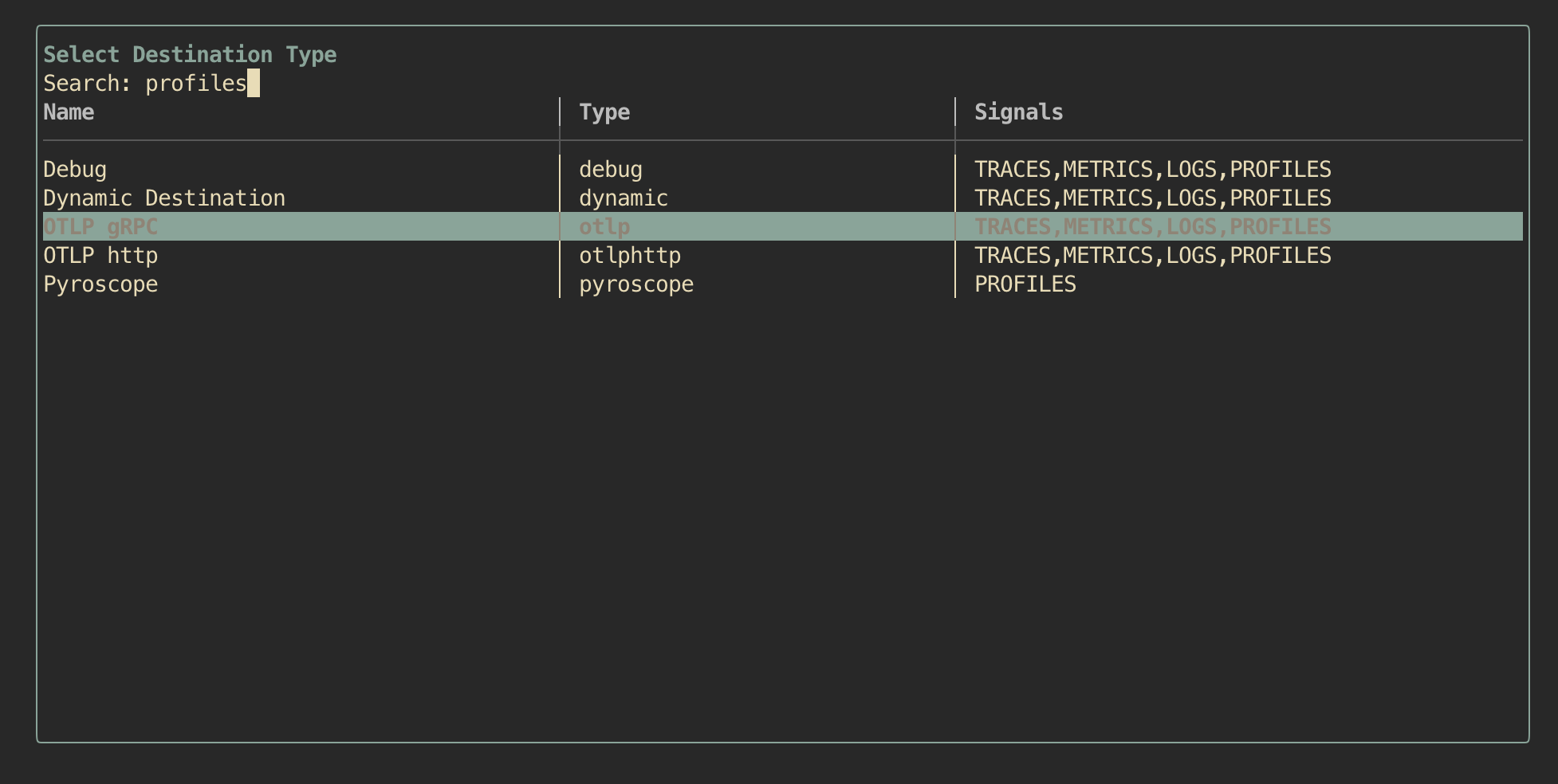 odictl destination type selector filtered by profiles