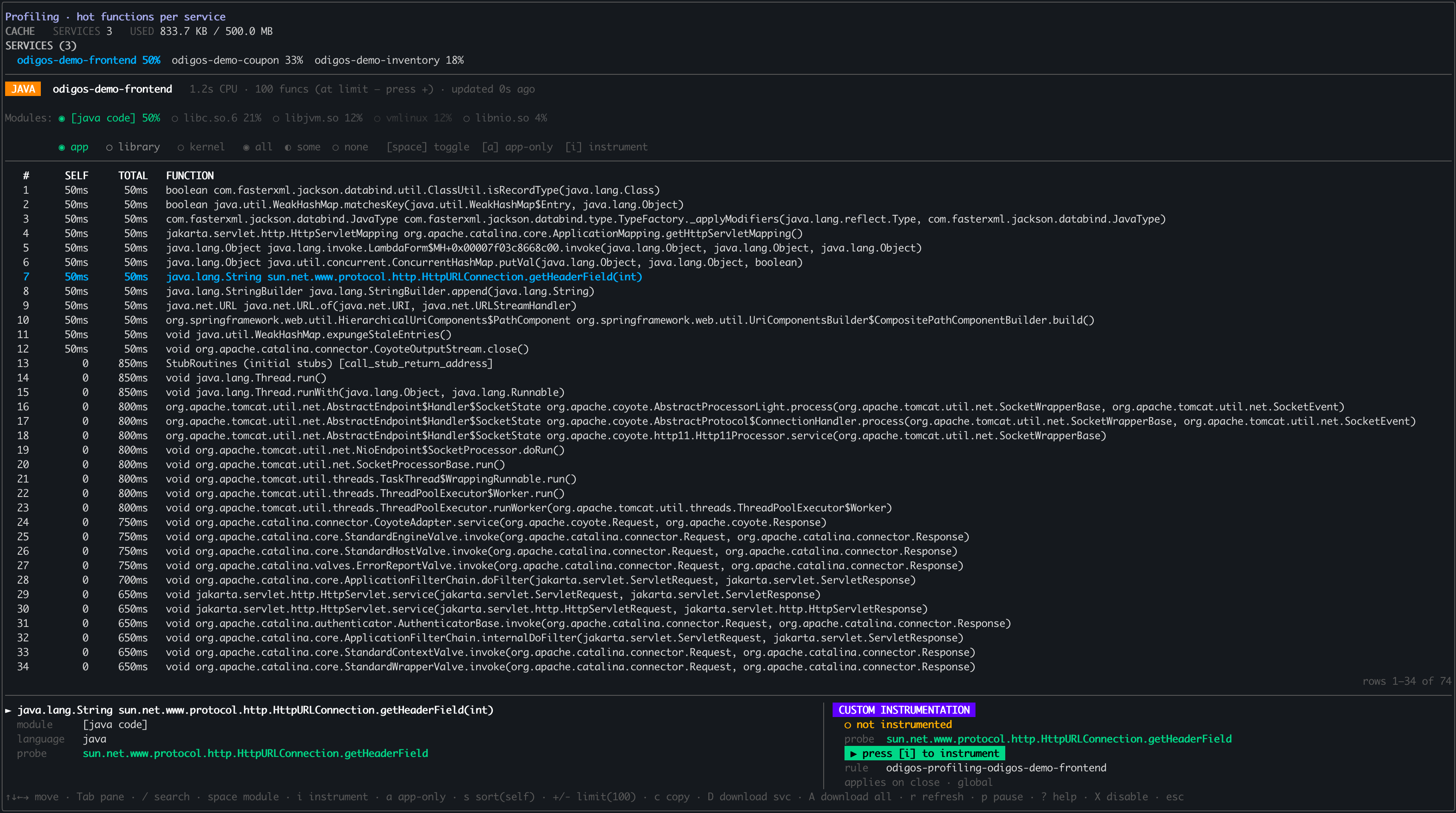 odictl profiling view with the getHeaderField function selected, before instrumenting