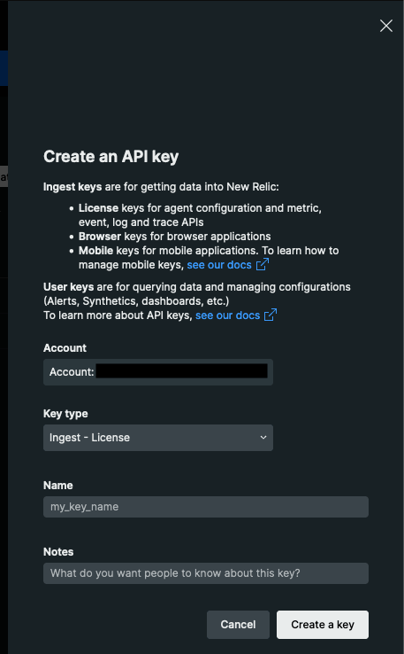 Create an API key screen in New Relic