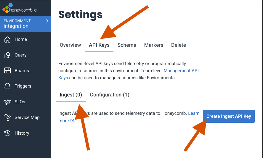 API Keys settings page in Honeycomb