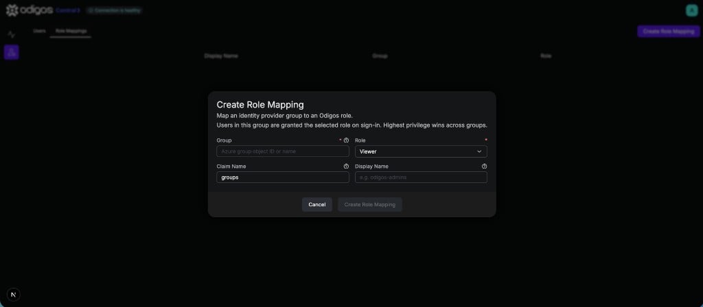 Create Role Mapping dialog in the Central UI with Group, Role, Claim Name, and Display Name fields