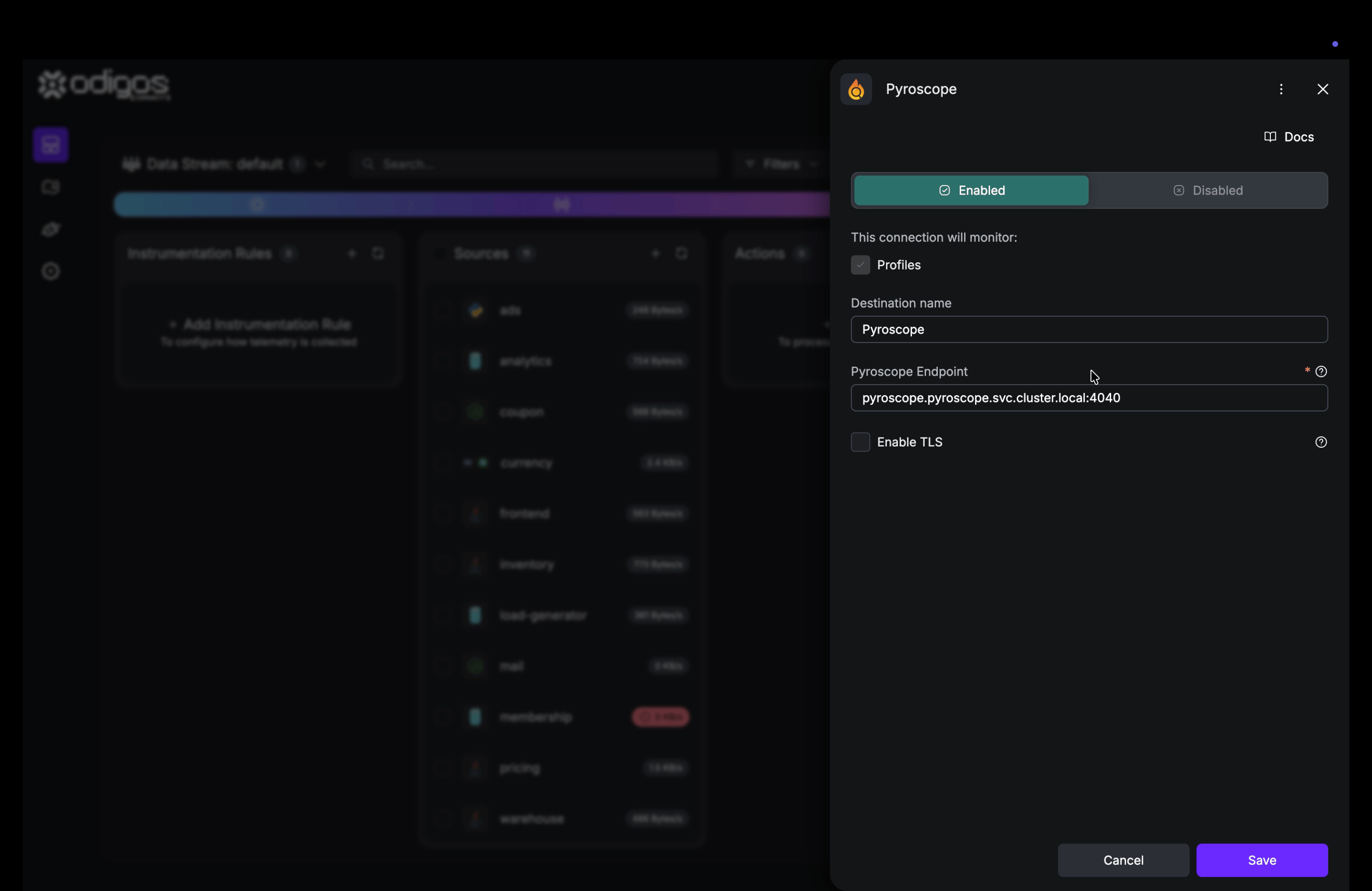 Odigos Destinations list showing a Pyroscope destination with Profiles enabled