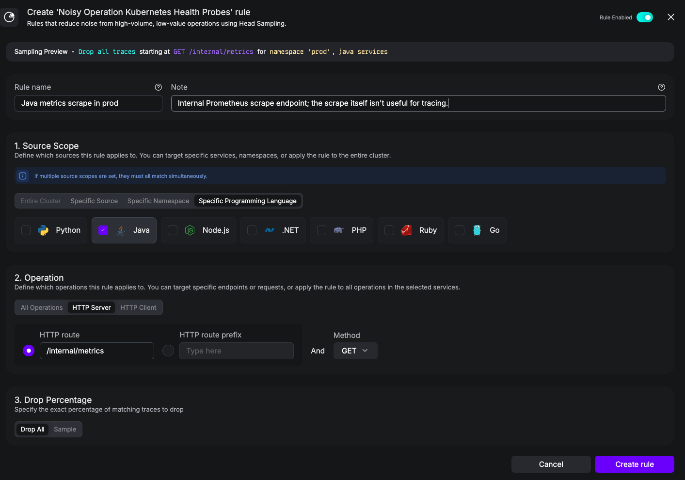 UI screenshot of a Noisy rule scoped with namespace prod AND language Java.