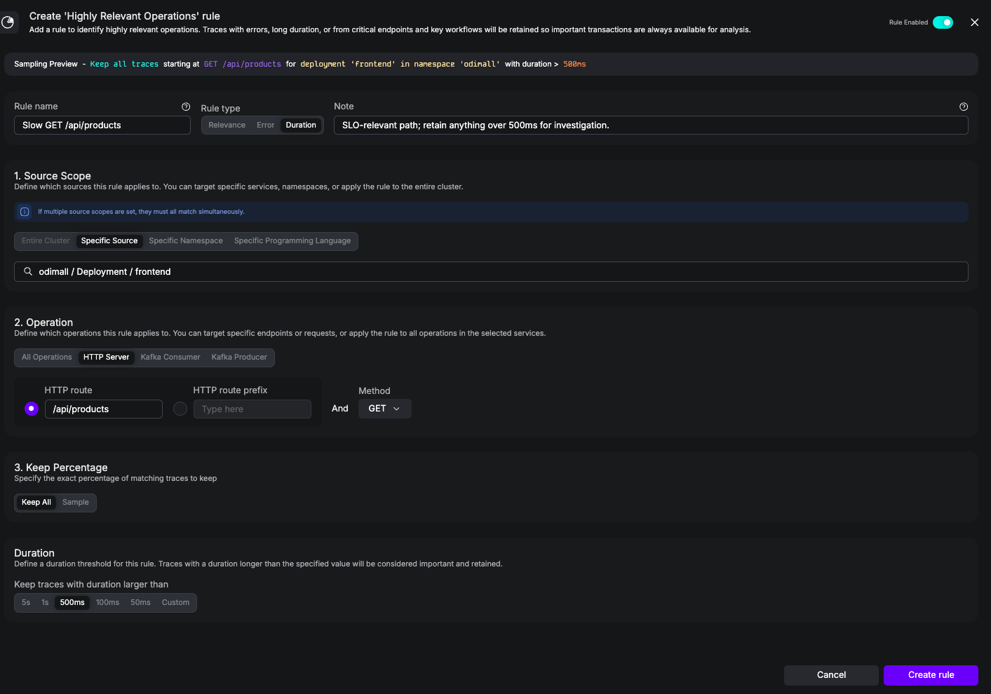 UI screenshot of a Highly Relevant rule that keeps 100% of slow GET /api/products traces, scoped to the frontend Deployment in the odimall namespace.