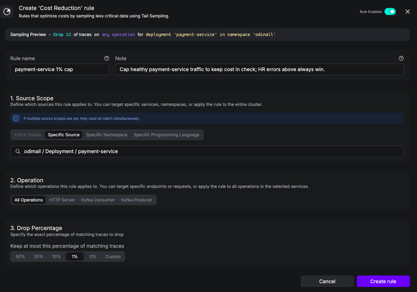 UI screenshot of a Cost Reduction rule on payment-service with Keep at most 1%.