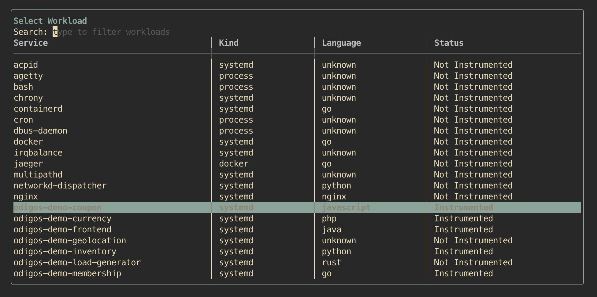 Sources panel in odictl showing the demo services instrumented