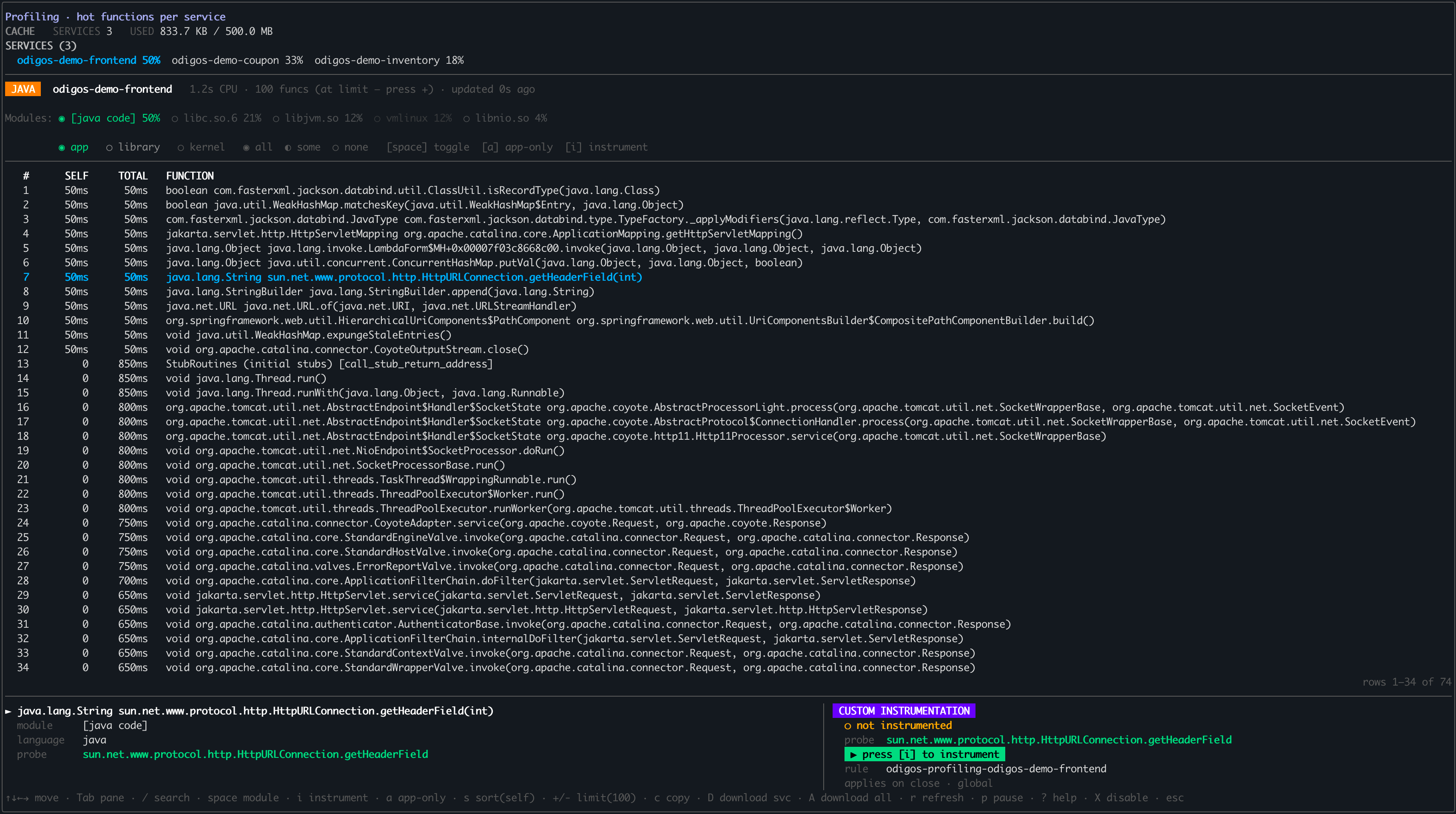 odictl profiling view with the getHeaderField function selected, before instrumenting