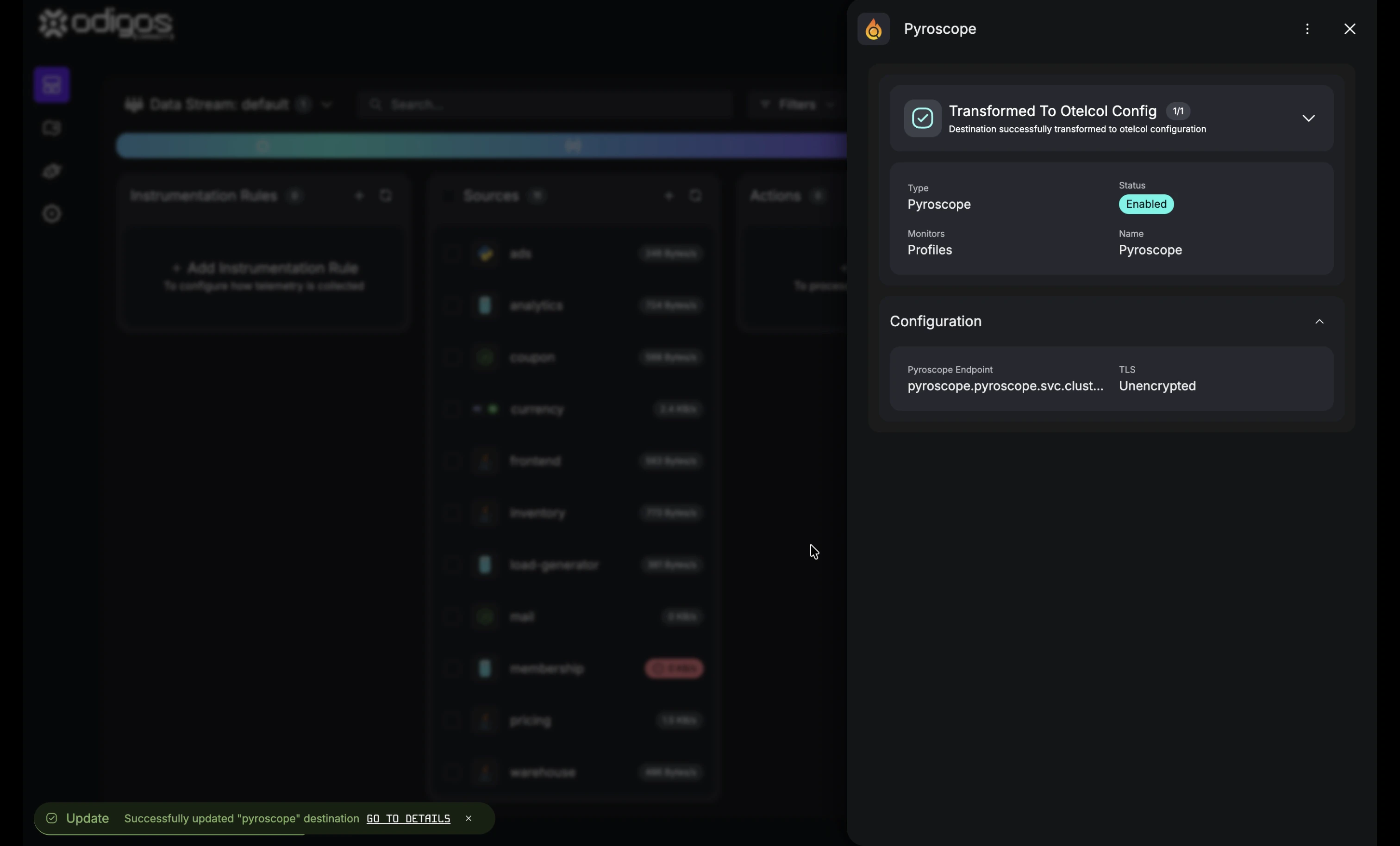 Destination detail showing Pyroscope URL and Profiles signal